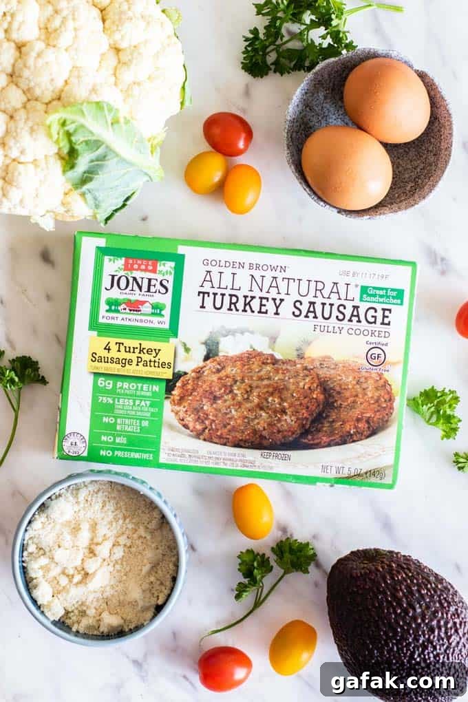 All of the ingredients for cauliflower fritter sausage stacks shown ready to use.